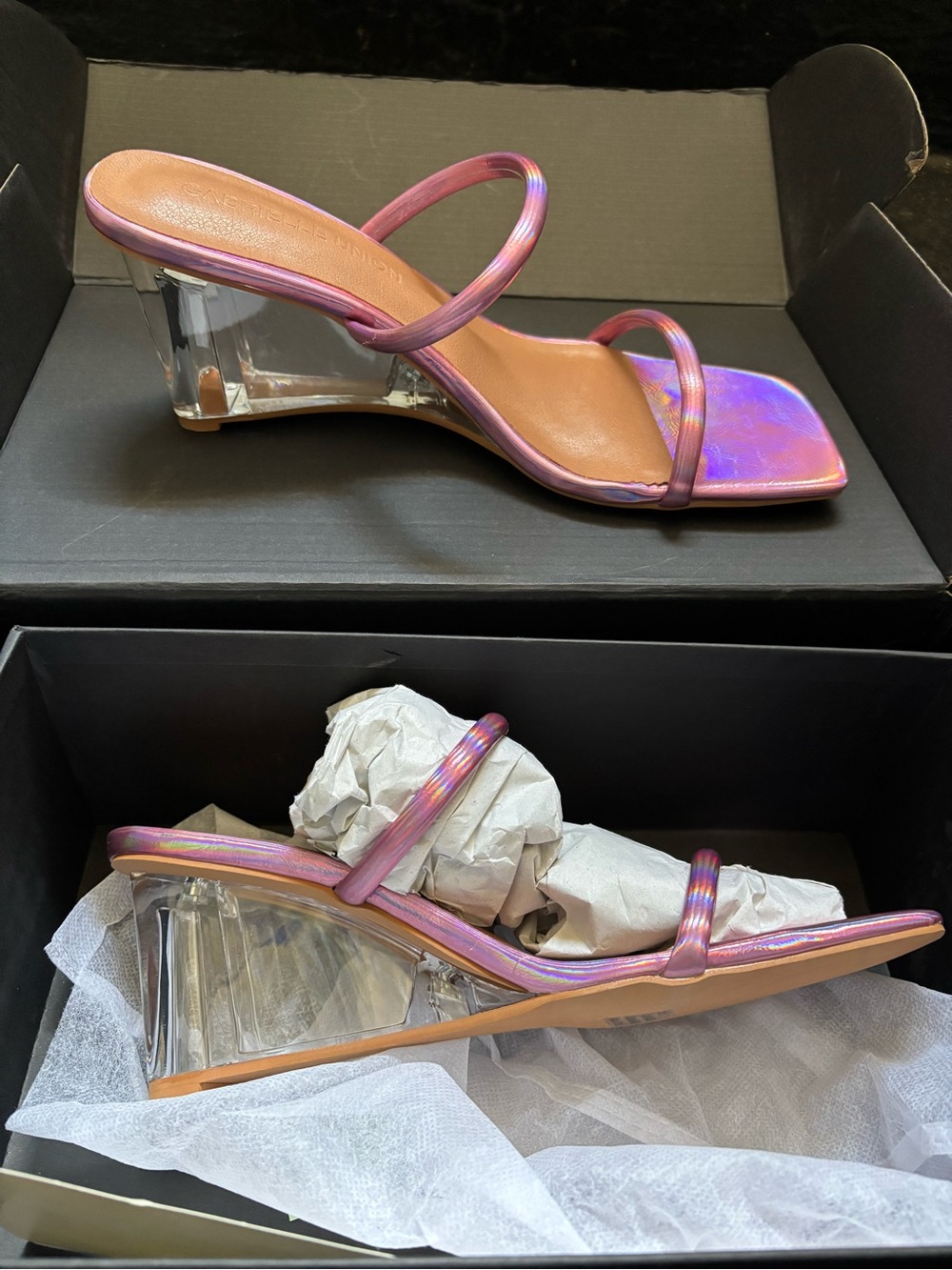 Iridescent Pink Clear-Wedge Strappy Sandal